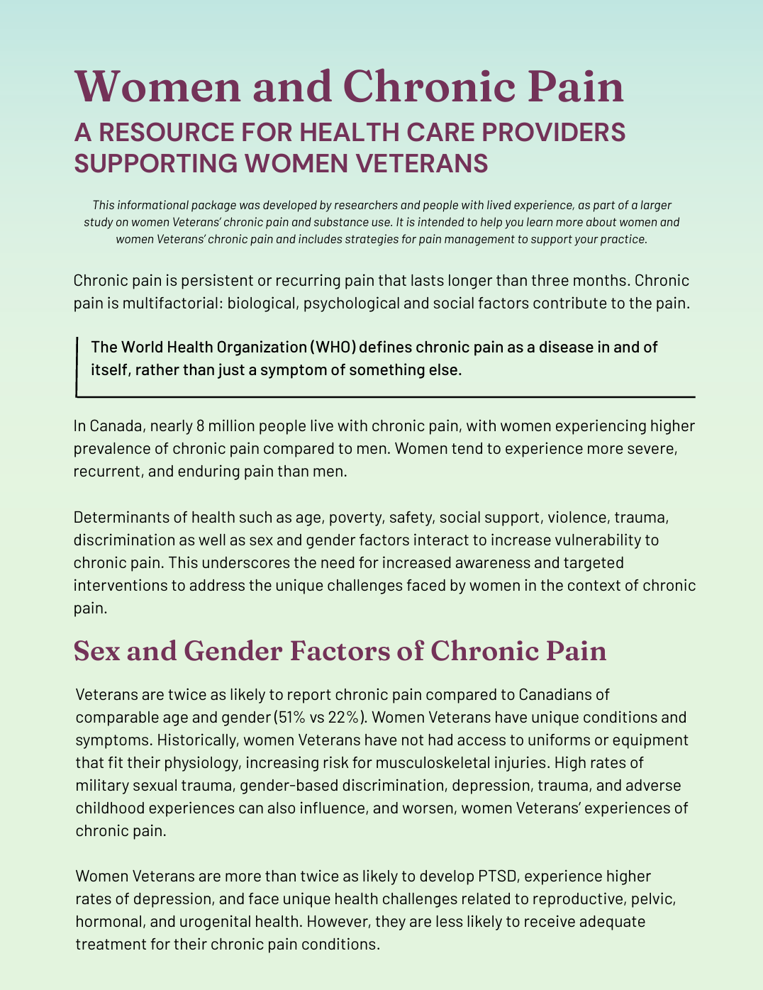 Women and Chronic Pain: A Resource for Health Care Providers Supporting Women Veterans